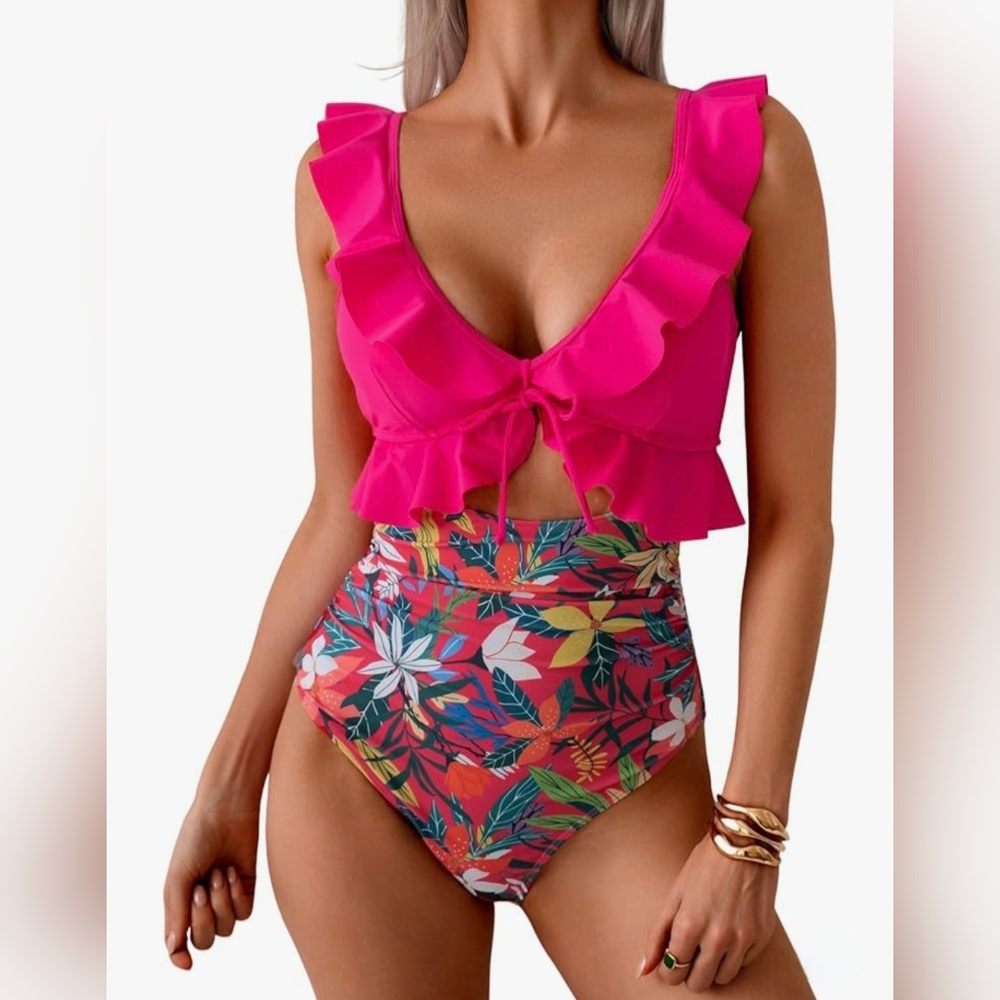 Vibrant Pink and Red One Piece Swimsuit with Ruffle Accents